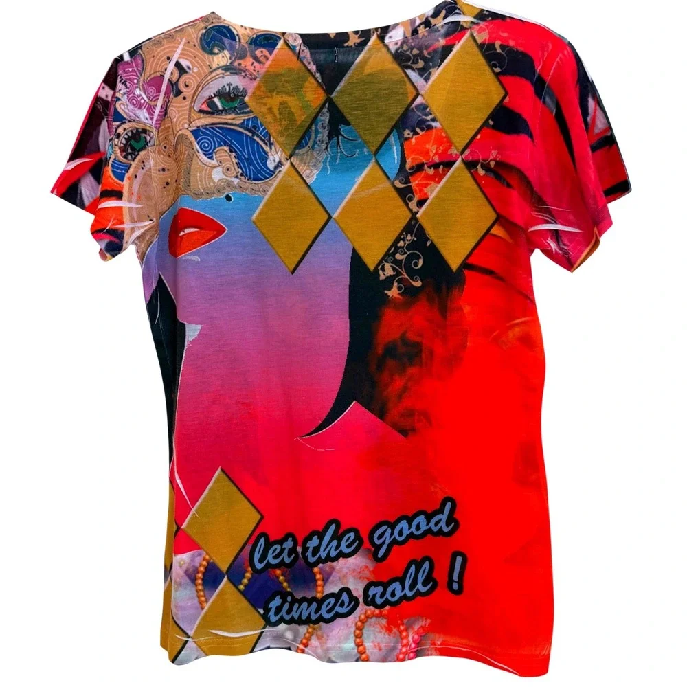 Underglass Bright Mardi Gras Carnival  T-Shirt Rhinestone Masked Print S NWOT - Picture 3 of 7